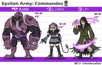 &gt;:) 1girl 2boys anthraxrat arabian_clothes armor artist_name belt black_visor boots breastplate breasts character_name command_&amp;_conquer command_&amp;_conquer:_red_alert command_&amp;_conquer:_red_alert_2 dress energy_blade fur_trim gas_mask gauntlets green_belt grey_dress height_chart helmet highres hood hood_up hoodie hose_nozzle libra_(mental_omega) looking_to_the_side malver_(mental_omega) mask mechanical_tail mental_omega_(mod) multiple_boys muscular muscular_male psi-corps_symbol purple_belt rahn_(mental_omega) red_eyes reference_sheet resh_vav_yod_symbol scorpion_cell_symbol scorpion_tail short_hair shoulder_armor spiked_boots spiked_knuckles tail v-shaped_eyebrows white_hair wispy_bangs yellow_eyes