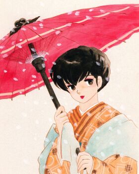 1girl black_eyes black_hair braid crown_braid highres holding holding_umbrella japanese_clothes kimono lipgloss looking_at_viewer maison_ikkoku non-web_source official_art otonashi_kyouko pink_umbrella simple_background snow snowing takahashi_rumiko umbrella yellow_kimono
