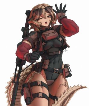 1girl abs assault_rifle au_ra belt belt_pouch black_gloves breasts brown_hair buckle chest_harness commission covered_navel cropped_jacket dragon_girl dragon_horns dragon_tail elbow_gloves explosive eyewear_on_head final_fantasy final_fantasy_xiv gloves grenade gun gun_on_back handgun harness highres holster horns leotard medium_breasts muscular muscular_female one_eye_closed orange_eyes original pouch rifle scales sharp_teeth short_hair snap-fit_buckle solo standing sunglasses tail teeth thigh_holster watch weapon weapon_on_back white_background wristwatch yawning zhvo