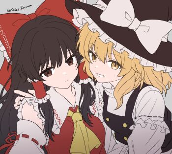 2girls :d :| absurdres ascot black_hat black_vest blonde_hair bow braid brown_eyes brown_hair buttons closed_mouth commentary_request detached_sleeves double-breasted expressionless frilled_bow frilled_hair_tubes frilled_sailor_collar frills grey_background grin hair_bow hair_tubes hakurei_reimu hat hat_bow highres kirisame_marisa long_hair looking_at_viewer medium_hair multiple_girls open_mouth red_bow red_shirt ribbon-trimmed_sleeves ribbon_trim saika_blossom sailor_collar shirt side_braid sidelocks single_braid smile touhou twitter_username upper_body very_long_hair vest white_bow white_sailor_collar white_shirt witch_hat yellow_ascot yellow_eyes