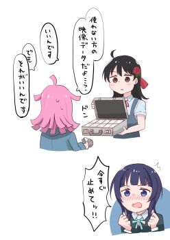 3girls ahoge asaka_karin ayanokoji_himeno black_hair black_jacket blue_eyes blue_hair blue_jacket blue_shirt blunt_bangs blunt_ends blush briefcase brown_eyes clenched_hands commentary flower green_ribbon hair_flower hair_ornament hair_ribbon highres holding holding_briefcase jacket kishimen_hair long_hair long_sleeves love_live! love_live!_nijigasaki_high_school_idol_club medium_hair money multiple_girls nakazumi_kohada neck_ribbon nijigasaki_school_uniform nose_blush parted_lips pink_hair red_flower red_ribbon red_rose ribbon rose school_uniform shirt short_sleeves speech_bubble summer_uniform tennoji_rina touou_academy_school_uniform translation_request winter_uniform wolf_cut