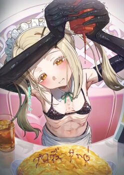 1girl alternate_hairstyle apron armpits bikini black_bikini black_gloves blonde_hair blush commentary_request elbow_gloves gakuen_idolmaster gloves grin idolmaster ketchup ketchup_bottle latex looking_at_viewer maid maid_apron maid_headdress ribs shinosawa_hiro skinny smile solo swimsuit talking twintails wari_sando yellow_eyes