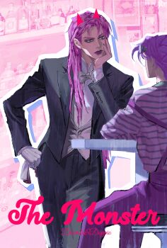 2boys artist_name black_jacket black_nails bow bowtie character_name collared_shirt diavolo drawn_horns drop_shadow english_text firepok formal_clothes gloves green_eyes hand_on_own_face hand_on_own_hip handkerchief highres holding holding_handkerchief jacket jojo_no_kimyou_na_bouken looking_at_another male_focus multiple_boys outline pants photo_background pink_background pink_hair pink_shirt purple_lips purple_pants ship_name shirt sitting sticker stool striped_clothes striped_shirt suit_jacket suspenders table vinegar_doppio white_bow white_bowtie white_gloves white_outline white_shirt