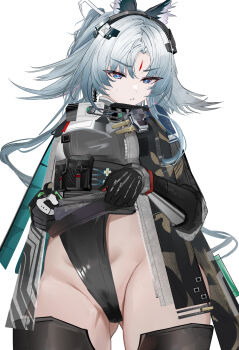 1girl absurdres animal_ears arcane_(arknights) arknights arknights:_endfield black_gloves black_jacket black_leotard blue_eyes cameltoe commentary_request facial_mark forehead_mark gloves gradient_hair grey_hair grey_shirt groin hair_flaps head_wings highres jacket leotard lifting_own_clothes mikuning multicolored_hair open_clothes open_jacket out-of-frame_censoring shirt simple_background solo white_background wings