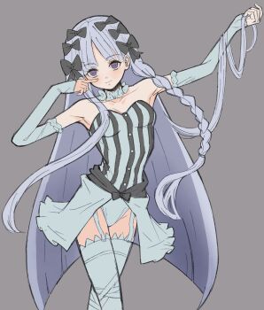 1girl blush bow braid breasts commentary_request detached_sleeves dress ephtracy fate/strange_fake fate_(series) francesca_prelati_(fate) garter_straps hair_bow highres leotard long_hair looking_at_viewer multiple_hair_bows purple_eyes purple_hair ringed_eyes small_breasts smile solo striped_clothes striped_dress thighhighs very_long_hair