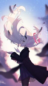 1girl absurdres bird black_choker black_coat black_eyes black_hairband black_shirt black_skirt blue_archive blue_sky braid choker chyuukaa0124 cloud coat commentary cowboy_shot cupping_hands falling_feathers feathers floating_hair from_side gradient_sky hair_floating_upwards hairband halo hands_up highres light_particles long_hair long_sleeves looking_up midriff_peek neckerchief own_hands_together pantyhose plana_(blue_archive) pleated_skirt profile red_halo ribbon shirt single_braid skirt sky solo white_hair white_neckerchief white_ribbon yellow_sky