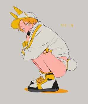 1boy animal_ear_headwear animal_ears baseball_cap dated fake_animal_ears fucafucamold grey_background hat jacket male_focus nipples no_pants original rabbit_ears shoes short_hair simple_background sneakers white_jacket