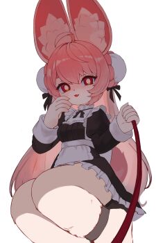 1girl absurdres ahoge alternate_costume animal_ear_fluff animal_ears animal_feet anklet apron black_dress breasts bright_pupils cleavage commentary dress english_commentary enmaided frilled_dress frills furry furry_female heart heart_in_eye highres holding holding_leash jewelry leash long_hair looking_at_viewer maid maid_apron medium_breasts open_mouth pink_fur pink_hair pov rabbit_ears rabbit_girl red_eyes shadow shirt simple_background sitting solo symbol_in_eye viewer_on_leash waist_apron white_apron white_pupils white_shirt yamisroot zenless_zone_zero zhao_(zenless_zone_zero)