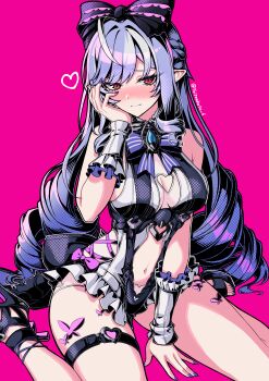 1girl absurdres bare_shoulders blush breasts cleavage cleavage_cutout closed_mouth clothing_cutout commentary hair_ornament hand_on_own_face hand_up heart highres large_breasts looking_at_viewer multicolored_hair nail_polish navel official_alternate_costume pink_background pointy_ears purple_hair purple_nails red_eyes simple_background sitting solo streaked_hair thigh_strap thighs vivian_banshee vivian_banshee_(iris_of_the_shore) wariza white_hair yuito_(yuitokobunasbs0) zenless_zone_zero