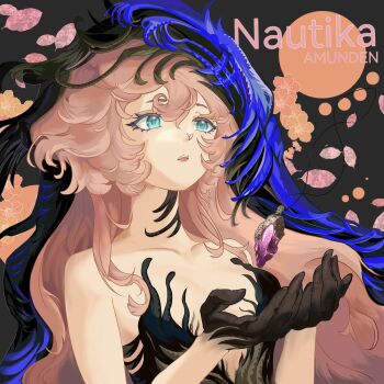 1girl :o absurdres bare_shoulders black_background black_dress black_hands black_veil blue_eyes blue_veil breasts character_name chinese_commentary collarbone colored_extremities commentary_request dress flower gem highres long_hair looking_up medium_breasts nautika_(reverse:1999) pink_flower pink_gem pink_hair plunging_neckline reverse:1999 solo strapless strapless_dress two-tone_veil typo upper_body veil xin_you_shenqiu