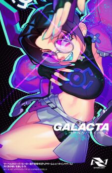 Rule 34 | 1girl, :d, arm up, black background, black gloves, black hair, black shirt, black shorts, blue nails, blue tongue, blurry, boots, breasts, character name, colored tongue, commentary, copyright logo, crop top, depth of field, earrings, english commentary, english text, fangs, fantastic four, fingerless gloves, flower earrings, galacta, glint, gloves, highres, horns, jacket, jewelry, knee boots, logo, looking at viewer, looking up, marvel, marvel rivals, midriff, mixed-language text, official alternate costume, open mouth, polka dot, polka dot background, purple-tinted eyewear, purple boots, purple eyes, purple horns, purple jacket, qtori, round eyewear, shirt, shorts, side slit, skirt, small breasts, smile, solo, tinted eyewear, watermark, web address, white-framed eyewear, white skirt