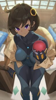 1girl absurdres black_bodysuit black_gloves black_hair blush bodysuit bodysuit_under_clothes breasts brown_jacket dark-skinned_female dark_skin emma_(pokemon) gloves hair_ornament highres jacket large_breasts long_sleeves looking_at_viewer nintendo nox13 poke_ball poke_ball_(basic) pokemon pokemon_legends:_z-a purple_eyes short_hair smile solo swept_bangs thighs