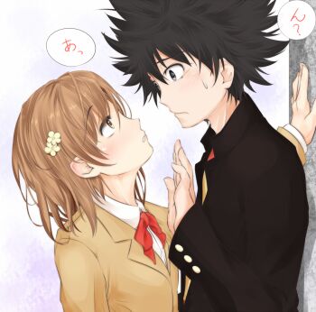 1boy 1girl a_certain_high_school_uniform black_eyes black_hair blazer bow bowtie brown_eyes brown_hair brown_jacket collared_shirt commentary_request eye_contact gakuran jacket kabedon kamijou_touma long_sleeves looking_at_another medium_hair misaka_mikoto red_bow red_bowtie school_uniform shin_(highest1192) shirt short_hair speech_bubble spiked_hair sweatdrop toaru_kagaku_no_railgun toaru_majutsu_no_index tokiwadai_school_uniform white_shirt winter_uniform