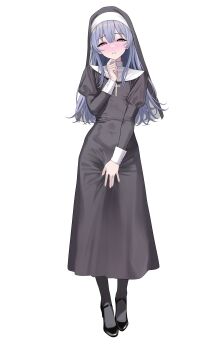 1boy absurdres androgynous black_dress black_shoes black_socks blue_hair blush buttoned_cuffs buttons contrast_collar covered_navel cross cross_necklace dress full_body guimpe hair_between_eyes hand_on_own_chin hand_on_own_crotch head_tilt high_heels highres jewelry juliet_sleeves long_dress long_hair long_sidelocks long_sleeves looking_at_viewer narrowed_eyes necklace nun original parted_lips pink_eyes puffy_sleeves pumps raised_inner_eyebrows shoes sidelocks simple_background socks solo standing straight-on strappy_heels sweat tight_clothes traditional_nun trap turisasu veil white_background