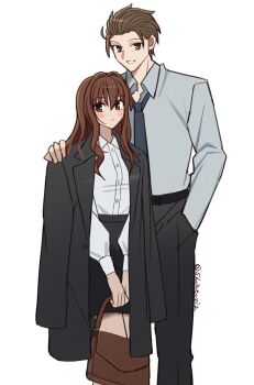 1boy 1girl artist_name bag belt black_necktie black_pants black_skirt blush brown_bag brown_eyes brown_hair collared_shirt expressionless grey_shirt hair_slicked_back hand_in_pocket hand_on_another&#039;s_shoulder handbag highres jacket jacket_on_shoulders kumari_kojika long_hair long_sleeves looking_at_viewer mahou_tsukai_no_yoru necktie pants parted_lips shintyoi2 shirt short_hair skirt smile tsukiji_tobimaru white_shirt
