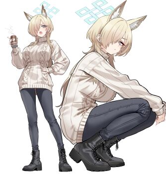 1girl absurdres alternate_costume animal_ear_fluff animal_ears ankle_boots black_boots black_pants blonde_hair blue_archive blush boots breasts closed_mouth coffee hair_over_one_eye halo hand_on_own_hip highres holding kanna_(blue_archive) large_breasts long_hair long_sleeves looking_at_viewer multiple_views one_eye_covered open_mouth pants shigure_s simple_background squatting standing sweater white_background white_sweater