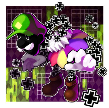 1boy absurdres bad_id bad_pixiv_id black_skin clown clown_boy colored_skin dimentio facial_hair full_body gloves hat highres jester jester_boy luigi male_focus mario_(series) mustache nintendo ouse_(otussger) paper_mario plus_sign solo super_dimentio super_paper_mario white_gloves