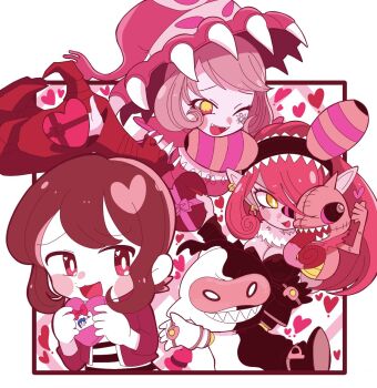 Rule 34 | appmon, chameleon, claws, copipemon, digimon, digimon universe: appli monsters, dress, hat, kayo (digimon), long hair, mienumon, one eye covered, ouji (digimon), pointy ears, puppet, tiara, warudamon, witch hat