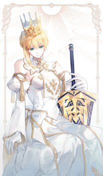 1girl artoria_pendragon_(fate) avalon_(fate) baboteolsegongsa bare_shoulders blonde_hair breasts crown detached_sleeves dress excalibur_(fate/stay_night) fate/grand_order fate_(series) gloves green_eyes highres lord_logres_(fate) lord_logres_(second_ascension)_(fate) short_hair sitting smile solo white_dress white_gloves