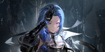 Rule 34 | 1girl, absurdres, black gloves, black necktie, blue hair, braid, braided ponytail, dalanxia, dp-12 (girls' frontline), game cg, gloves, hand in own hair, helen (girls' frontline 2), highres, looking at viewer, necktie, official art, solo, upper body