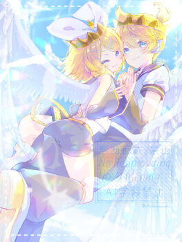 1boy 1girl ;) black_leg_warmers black_shorts blonde_hair blue_eyes bow closed_mouth crown fingernails hair_bow hair_ornament hairclip harusamesyota kagamine_len kagamine_rin leg_warmers nail_polish one_eye_closed parallel_hairclips puffy_short_sleeves puffy_sleeves shirt shoes short_sleeves shorts smile spiked_hair vocaloid watermark white_bow white_shirt white_shoes wings yellow_nails