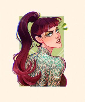 1girl artist_name green_eyes highres johanna_mason long_hair looking_at_viewer looking_back luztapiaart ponytail red_hair solo the_hunger_games upper_body watermark