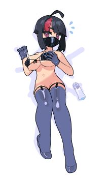 1girl ahoge bikini bikini_top_only black_gloves black_hair black_thighhighs bottomless breasts chikuwa_fan973 commentary covered_erect_nipples english_commentary eyepatch_bikini full_body gloves highres large_breasts lube lube_on_breasts lying multicolored_hair navel on_back original outie_navel purple_eyes red_hair short_hair short_hair_with_long_locks solo streaked_hair swimsuit thigh_strap thighhighs two-tone_hair