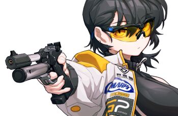 1girl black_hair closed_mouth ear_piercing epakim finger_on_trigger gun handgun highres jacket looking_at_viewer original piercing safety_glasses short_hair simple_background solo upper_body weapon white_background white_jacket