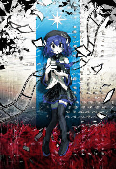 1girl absurdres bare_shoulders beret black_boots black_hat black_skirt blue_hair boots camera detached_sleeves field film_strip flower flower_field full_body hat highres holding holding_camera knees_together_feet_apart looking_at_viewer miniskirt red_flower short_hair skirt solo spider_lily thigh_boots unagizaka_gohan urami_koushin_(utau) utane_uta utau variant_set