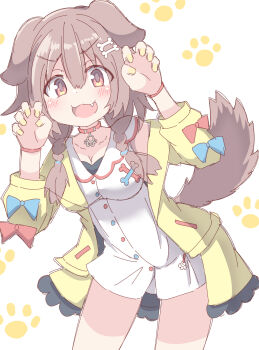 1girl animal_ears bone_hair_ornament braid breasts brown_eyes brown_hair claw_pose collar commentary dog_ears dog_girl dog_tail dress fang hair_ornament highres hololive inugami_korone inugami_korone_(1st_costume) jacket looking_at_viewer medium_breasts open_mouth revision solo tail twin_braids umberblack white_dress yellow_jacket