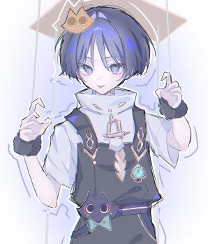 1boy anemo_symbol_(genshin_impact) aqua_gemstone belt black_overalls blunt_ends blush casual cat_hair_ornament colored_inner_hair contemporary eyeliner eyeshadow feathers fur_wrist_cuffs gem genshin_impact gold grey_hair hair_ornament halloween halloween_costume hands_up highres makeup male_focus marionette marionette_controller multicolored_hair official_alternate_costume outline overalls paw_pose pom_pom_(clothes) puppet puppet_strings purple_belt purple_eyes purple_hair red_eyeliner red_eyeshadow scaramouche_(cat)_(genshin_impact) scaramouche_(genshin_impact) shirt short_sleeves solo streaked_hair sui_yu_1328 tongue tongue_out tsurime undershirt upper_body wanderer_(genshin_impact) white_shirt white_sleeves wrist_cuffs yellow_feathers