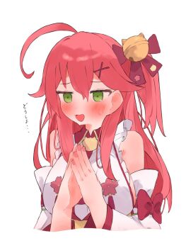 1girl bell detached_sleeves green_eyes hair_between_eyes hair_ornament highres hololive japanese_clothes jingle_bell kimono long_hair looking_at_viewer nail_polish one_side_up open_mouth own_hands_together pink_hair pink_nails sakura_miko sakura_miko_(1st_costume) solo tepenchi virtual_youtuber white_background white_kimono white_sleeves x_hair_ornament