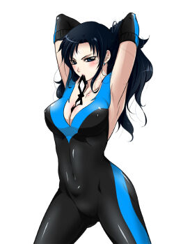1girl batman_(series) black_hair blue_eyes breasts cleavage dc_comics dick_grayson elbow_gloves female_focus genderswap genderswap_(mtf) gloves long_hair nightwing solo