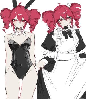 1girl ahoge animal_ears apron arms_at_sides black_bow black_bowtie black_dress black_leotard blush bow bowtie breasts dress drill_hair fake_animal_ears groin hair_between_eyes highres juliet_sleeves kasane_teto kasane_teto_(sv) leotard long_sleeves looking_at_viewer maid maid_apron medium_breasts medium_hair multiple_views playboy_bunny puffy_sleeves rabbit_ears red_eyes red_hair sidelocks simple_background sketch skirt_hold sweatdrop synthesizer_v twin_drills ummwa utau white_apron white_background