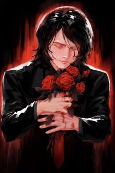 1boy black_hair black_jacket blood blood_on_hand commentary crying english_commentary flower gerard_way highres holding holding_flower jacket leaf long_sleeves male_focus medium_hair my_chemical_romance necktie p_applebun parted_hair real_life realistic red_flower red_necktie red_rose rose solo suit_jacket tears upper_body