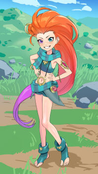 1girl absurdres day flat_chest grass green_eyes green_scarf grin heterochromia highres league_of_legends long_hair multicolored_hair navel orange_hair outdoors pink_eyes pink_hair red_hair rusher08 scarf smile solo standing stomach teeth toeless_socks zoe_(league_of_legends)