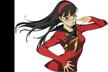 Rule 34 | 1girl, amagi yukiko, anime coloring, aran sweater, black eyes, black hair, cable knit, cardigan, glasses, hairband, lips, official art, persona, persona 4, persona 4 the golden, red-framed eyewear, school uniform, soejima shigenori, solo, sweater, third-party source, transparent background, yasogami school uniform