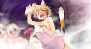 4girls absurdres angry animal_ears animal_hands arm_up atelier-moo blurry blurry_background blush breasts brown_hair cat_ears cat_girl cat_paws cat_tail colored_tips covering_breasts covering_privates cowboy_shot fangs feline_sora fingernails flipped_hair fluffy_hands full-face_blush game_asset gloves green_eyes hair_between_eyes hand_on_own_chest highres large_breasts motion_blur motion_lines multicolored_gloves multicolored_hair multiple_girls naked_towel nina_lazydaisy non-web_source nude official_art onsen open_hand open_mouth self-datamine short_hair shouting silvia_milsteen solo_focus spica_celest standing steam tail tail_raised towel two-tone_gloves v-shaped_eyebrows visual_novel_cg white_gloves wizards_symphony