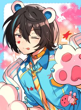 1boy :p animal_ears animal_hands bear_ears black_hair blue_shirt blue_streaks breast_pocket checkered_clothes collar collared_shirt commentary_request ensemble_stars! facial_mark gloves gradient_background hareyuu heart heart_facial_mark male_focus necktie one_eye_closed orange_collar paw_gloves pocket red_eyes sakuma_ritsu shirt short_hair short_sleeves solo tongue tongue_out upper_body yellow_necktie
