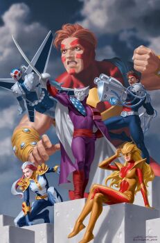 2girls 4boys armor atlas_(marvel) baron_zemo blonde_hair blue_helmet bodysuit brown_eyes cape clenched_teeth comic_cover commentary cover cover_page english_commentary fixer_(marvel) gold_armor grey_armor gun helmet highres holding holding_sword holding_weapon instagram_logo instagram_username long_hair mach-1_(marvel) marvel mask moonstone_(marvel) multicolored_hair multiple_boys multiple_girls muscular muscular_male official_alternate_costume orange_hair pauldrons pink_hair purple_bodysuit purple_cape red_bodysuit short_hair shoulder_armor signature sitting size_difference songbird_(marvel) superhero_costume sword teeth textless_version two-sided_cape two-sided_fabric weapon western_comics_(style) white_cape white_hair yoon_junggeun