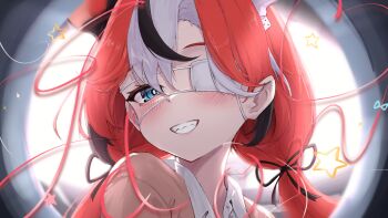 1girl animal_ears black_hair black_ribbon blue_eyes blush dice_hair_ornament eyepatch grin hair_ornament hair_ribbon hakos_baelz highres hololive hololive_english ilie_ilie long_hair looking_at_viewer low_twintails monitoring_(vocaloid) mouse_ears mouse_girl multicolored_hair red_hair ribbon sharp_teeth smile solo star_(symbol) streaked_hair teeth twintails virtual_youtuber vocaloid white_hair