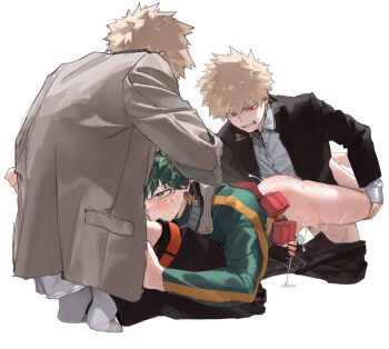 3boys anal bakugou_katsuki bar_censor black_pants blonde_hair boku_no_hero_academia brown_jacket censored clone clothed_sex clothes_pull collared_shirt commentary_request cum cum_on_body cum_on_hair cut_(nifuhami_35) ejaculating_while_penetrated ejaculation facial fellatio gakuran green_eyes group_sex heart heart-shaped_pupils jacket kneeling male_focus male_penetrated male_underwear male_underwear_peek midoriya_izuku mmm_threesome multiple_boys oral pants pants_pull penis red_eyes school_uniform sex sex_from_behind shirt simple_background socks spiked_hair spitroast superhero_costume symbol-shaped_pupils teeth threesome underwear white_background white_shirt white_socks yaoi