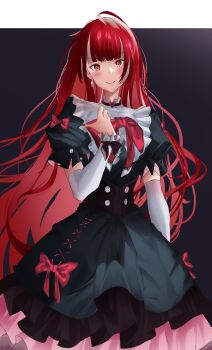 Rule 34 | 1girl, absurdres, ahoge, arm at side, black background, black dress, blush, bow, bowtie, closed mouth, commentary, cowboy shot, demise (official makuu), detached sleeves, diamond earrings, dress, earrings, english commentary, grey streaks, hands on own chest, highres, hololive, hololive indonesia, jewelry, layered dress, long hair, looking at viewer, medium dress, multicolored hair, olivia (kureiji ollie), puffy short sleeves, puffy sleeves, puritan collar, red bow, red bowtie, red eyes, red hair, short sleeves, simple background, smile, solo, streaked hair, underbust, virtual youtuber, white sleeves