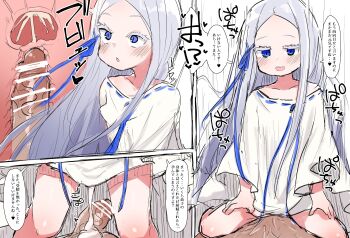 1boy 1girl :o absurdres artist_request bar_censor blue_eyes bottomless censored cowgirl_position cross-section cum cum_in_pussy cumdrip dark-skinned_male dark_skin dress ejaculation hetero highres internal_cumshot japanese_text large_penis loli long_hair looking_at_viewer pandora_(re:zero) penis pov re:zero_kara_hajimeru_isekai_seikatsu sequential sex sound_effects speech_bubble straddling thick_eyebrows translated uterus vaginal very_long_hair white_dress white_hair