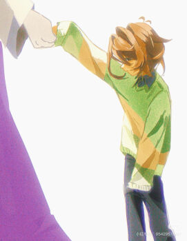 1girl 1other black_pants black_shirt brown_hair chinese_commentary collared_shirt commentary deltarune dress green_sweater highres ji_dong_ele kris_(deltarune) mother_and_child out_of_frame pants purple_dress shirt short_hair single_horizontal_stripe striped_clothes striped_sweater sweater toriel utdr_(toby_fox) watermark xiaohongshu_id xiaohongshu_watermark