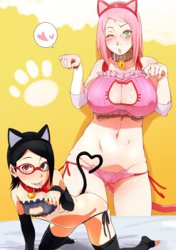 2girls :p all_fours alternate_breast_size_(larger) animal_ears bed bell black_bra black_eyes black_hair black_legwear black_panties blush bra breasts cameltoe cat_cutout cat_ear_panties cat_ears cat_lingerie cat_tail cleavage cleavage_cutout closed_mouth clothing_cutout collar commentary_request covered_erect_nipples curvy detached_sleeves facial_mark fake_animal_ears fake_tail feet forehead_mark frilled_bra frills gluteal_fold green_eyes groin haruno_sakura heart heart_tail heterochromia huge_breasts jingle_bell karakishi_youhei-dan loli looking_at_viewer lowleg lowleg_panties mature_female medium_hair mother_and_daughter multiple_girls naruto_(classic) naruto_(series) navel neck_bell on_bed one_eye_closed panties parted_lips paw_pose paw_print pink_bra pink_hair pink_panties puckered_lips pussy_juice red-framed_eyewear red_eyes sahara_wataru sharingan short_hair side-tie_panties small_breasts spoken_heart standing swept_bangs tail thighhighs toeless_legwear tongue tongue_out uchiha_sarada underwear underwear_only yellow_background