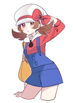 1girl absurdres blue_overalls blush bow brown_eyes brown_hair cowboy_shot hat hat_bow highres long_hair lyra_(pokemon) newsboy_cap nintendo open_mouth overalls parted_lips pokemon pokemon_hgss red_shirt ribbon shirt shocho_(shaojiujiu) simple_background twintails white_background white_hat yellow_bag