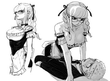 1boy 1girl apron bare_shoulders blush braid breasts cleavage closed_mouth collar commentary_request cropped_legs danganronpa_(series) danganronpa_2:_goodbye_despair detached_collar dress embarrassed expressionless formal_clothes frilled_armlet frilled_collar frills glasses greyscale hetero highres kuzuryu_fuyuhiko large_breasts long_hair long_sleeves looking_at_another looking_at_viewer low_twin_braids maid monochrome moumou660 multiple_hair_ribbons multiple_views necktie nervous_sweating nose_blush pants pekoyama_peko pinned pinstripe_jacket pinstripe_pattern ringed_eyes shirt short_hair sidelocks simple_background suit sweat twin_braids very_short_hair white_background