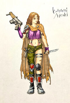 Rule 34 | 1990s (style), 1girl, aizaki katsumi, artist name, asuka rui (megami tensei), bandaid, bandaid on leg, bandaid on thigh, breasts, brown cape, brown eyes, brown hair, cape, closed mouth, colorized, commentary request, fingerless gloves, full body, giten megami tensei: tokyo mokushiroku, gloves, gun, handgun, highres, holding, holding gun, holding knife, holding weapon, holster, knife, looking at viewer, marker (medium), megami tensei, navel, official art, retro artstyle, shin megami tensei, short hair, simple background, smile, solo, torn cape, torn clothes, traditional media, weapon, white background