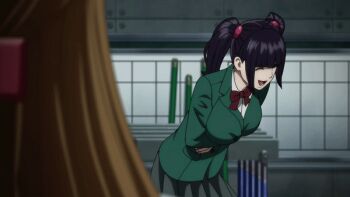 2girls :&lt; animated animated_gif anime_screenshot bow breast_focus breast_press breasts cleavage face-to-face hanging_breasts indoors large_breasts laughing lips long_hair looking_at_another multiple_girls okada_yuriko open_mouth parted_lips red_bow ryona standing toujima_tanzaburou_wa_kamen_rider_ni_naritai twintails upper_body yukarisu